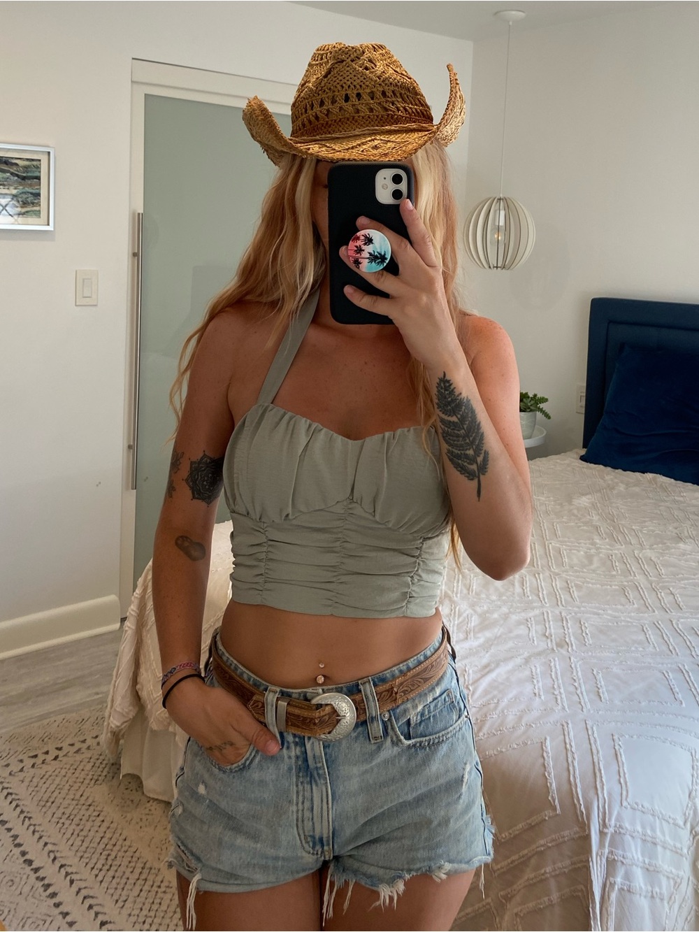 Sage Green Ruched Halter Crop Top